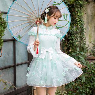 Long-sleeve Lace Panel Embroidered A-line Dress