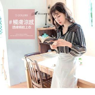 Crochet Panel V-neck Striped Chiffon Top
