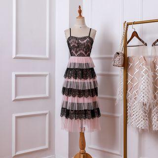 Spaghetti Strap Lace Panel Tiered Midi Dress