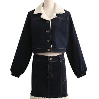 Set: Contrast Trim Denim Jacket + Mini Pencil Skirt