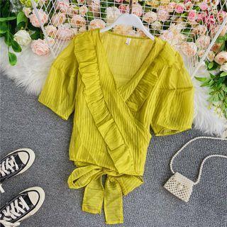 Ruffled V-neck Bow-back Chiffon Blouse