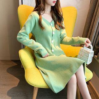 V-neck Buttoned A-line Knit Dress