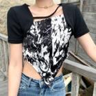 Short-sleeve Mock Two-piece Print Panel Crop Top Black - One Size