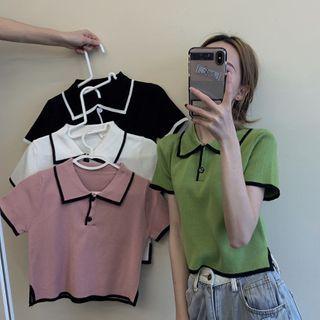 Contrast Trim Short-sleeve Cropped Knit Polo Shirt
