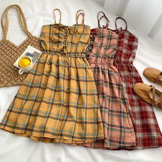 Plaid Sleeveless Lace-up Playsuit In 6 Colors