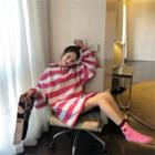 Striped Zip Collar Long Sweatshirt Pink - One Size
