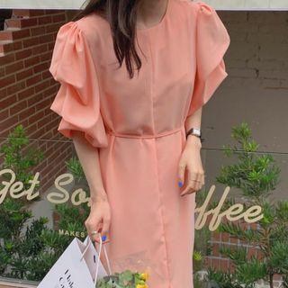 Elbow-sleeve Slit Midi Shift Dress