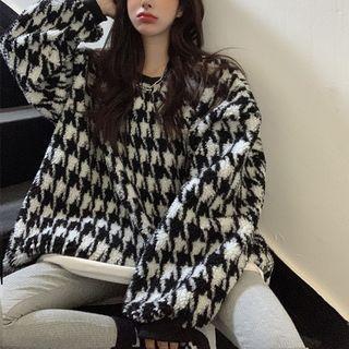 Houndstooth Fleece Pullover Black & White - One Size