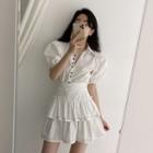 Puff-sleeve Button-up Blouse / Layered Mini A-line Skirt