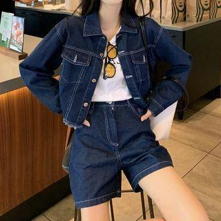 Retro Deep Denim Bolero / High-waist Shift Wide-leg Denim Shorts
