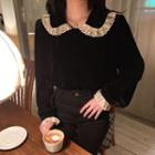 Long-sleeve Collar Velvet Top Black - One Size