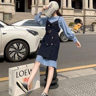 Set: Long-sleeve Dress + Double-breasted Mini Pinafore Dress