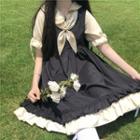 Two-tone Panel Ruffle Trim Midi A-line Dress / Bow