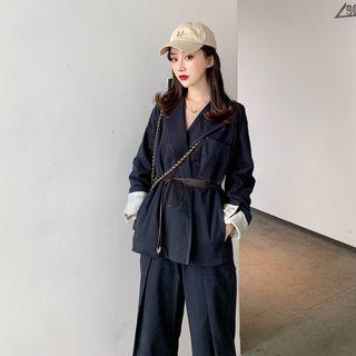 Set: Plain Slim-fit Blazer + Loose-fit Pants