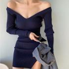 V-neck Off-shoulder Knit Mini Sheath Dress