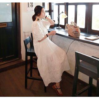 Elbow-sleeve Eyelet-lace Cotton Long Dress