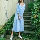 Long-sleeve Embroidered V-neck Midi A-line Dress