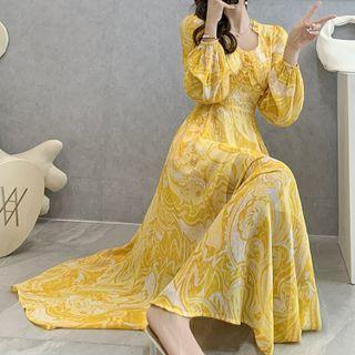 Long-sleeve Print Frill Trim Midi A-line Dress