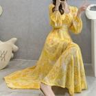 Long-sleeve Print Frill Trim Midi A-line Dress