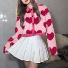Collared Heart Print Cropped Cardigan