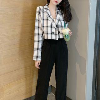 Plaid Crop Blazer Plaid - Black & White - One Size