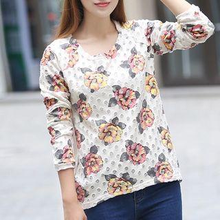 Distressed Floral Print Long-sleeve T-shirt