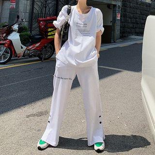 Lettering 3/4-sleeve Oversize T-shirt / High-waist Wide-leg Pants