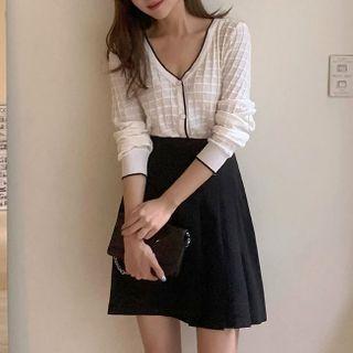 Contrast Trim Cardigan / High-waist Mini A-line Skirt