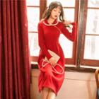Long-sleeve Knit Midi A-line Dress Red - One Size