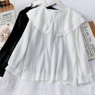 Dual-collar Loose-fit Plain Blouse White - One Size