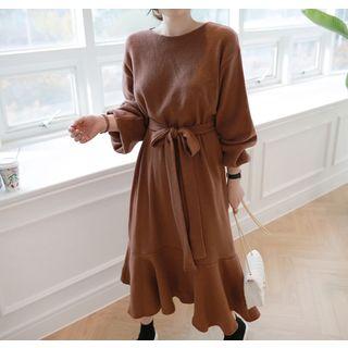 Bishop-sleeve Ruffle-hem Long Pullover Dress With Sash
