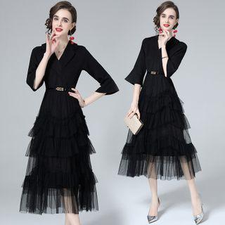 Mock Two-piece 3/4-sleeve Tiered Mesh Midi Blazer Dress
