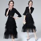 Mock Two-piece 3/4-sleeve Tiered Mesh Midi Blazer Dress