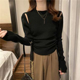 Mock-neck Drawstring Cutout Knit Top