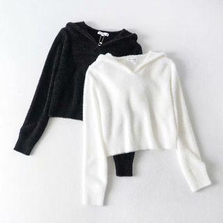 Long-sleeve Hooded Fleece Cropped Top