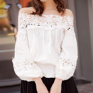 Crochet Panel Off Shoulder 3/4 Sleeve Top