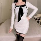 Long-sleeve Square-neck Contrast Trim Bow Slit Dress