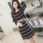 Lace Panel Plaid Long-sleeve A-line Dress