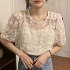 Floral Short-sleeve Lace Top Almond - One Size