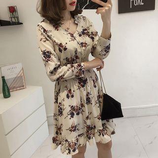 Long-sleeve Floral A-line Chiffon Dress