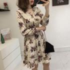Long-sleeve Floral A-line Chiffon Dress