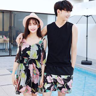 Couple Matching Plain Tank Top / Shorts / Short-sleeve A-line Dress