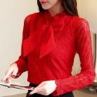Long-sleeve Ribbon-neck Lace Top
