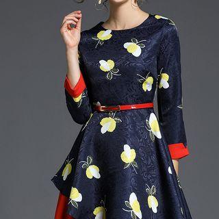 Color Panel Floral Print 3/4 Sleeve Dress