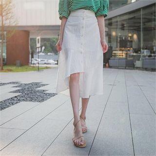 Button-detail Linen Blend Flare Skirt Black - One Size
