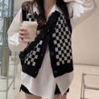 Chessboard V-neck Knit Sweater Jacket / Vest