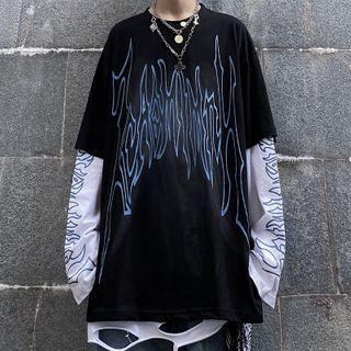 Couple Matching Mock Two Piece Printed Top