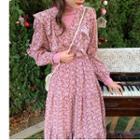 Long-sleeve Maxi Floral A-line Dress / Turtleneck Long-sleeve Top