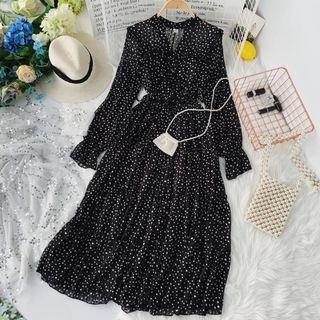 Long-sleeve Dotted A-line Maxi Dress