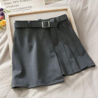 Asymmetric Pleated Mini Skirt With Belt